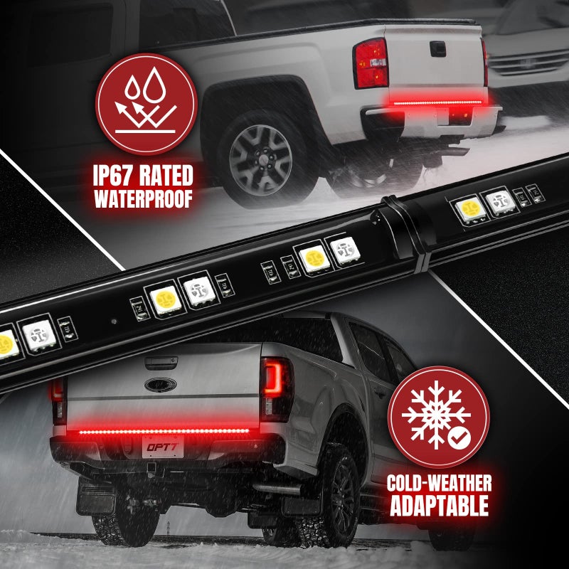 OPT7 60" Redline Parlux Single Row LED Tailgate Light Bar w/Red Turn Signal, Rigid Aluminum Frame Strip â€“ Fits 2005â€“2014 F150, RAM, Silverado/Sierra 1500 â€“ Full Functions: Brake, Reverse, Running - Image 2